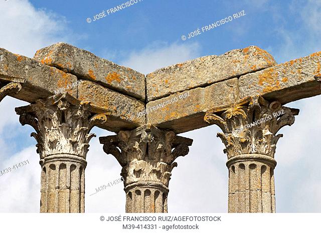 Corinthian columns, Roman temple of Diana, Évora. Portugal