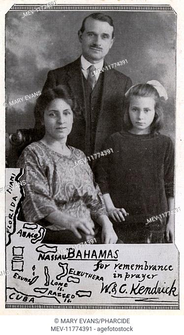 Missionary family with map of Bahamas, West Indies. They are Walter and Clara Kendrick and their daughter. He was a medical missionary from Aston, Birmingham