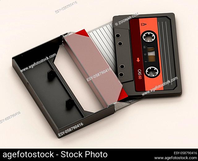 Vintage audio cassette and cassette case isolated on white background. 3D illustration