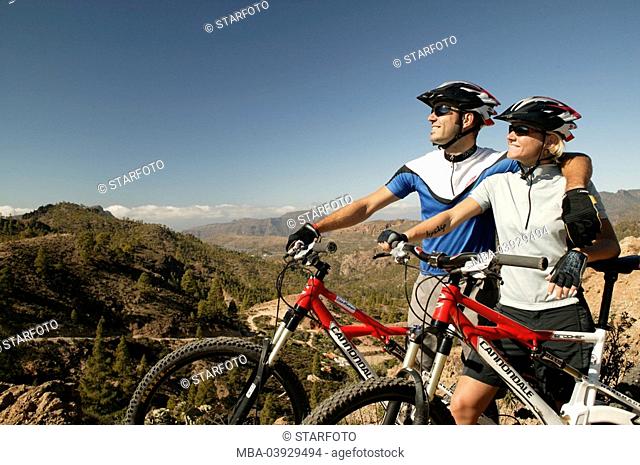 spain, Gran Canaria pair, mountainbiker, bicycles, athletically, pause, landscape