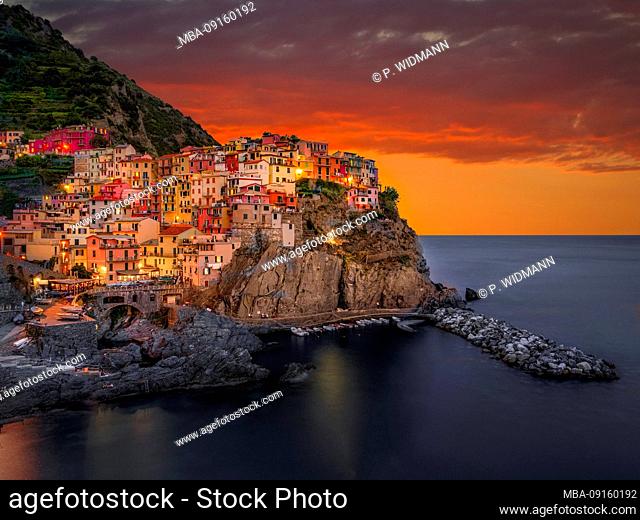 Manarola at night, Cinque Terre, La Spezia, Liguria, Italy, Europe