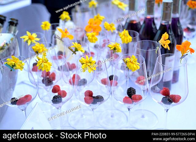 30 August 2022, Italy, Venice: Glasses with flowers are placed at the cocktail party ""Cinema Danieli, An unforgettable Love Story"" at Hotel Danieli