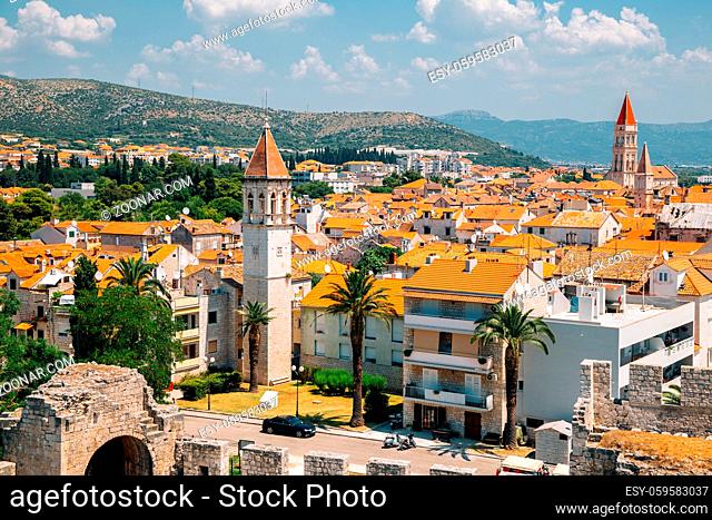 Historic town Trogir panorama view from Kamerlengo castle and fortress in Trogir, Croatia