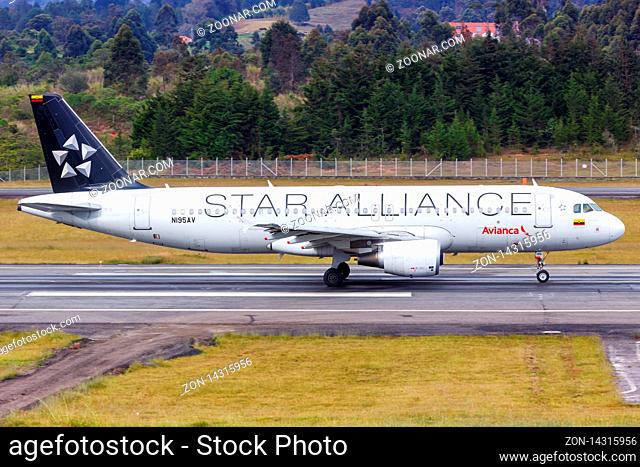 Medellin, Colombia ? January 25, 2019: Avianca Airbus A320 airplane at Medellin airport (MDE) in Colombia