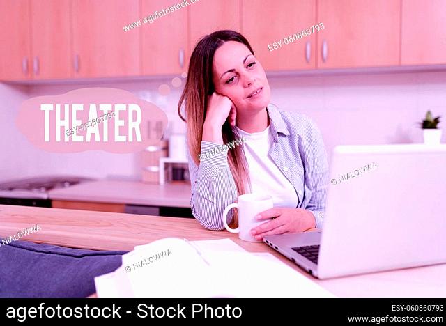 Text caption presenting Theater, Internet Concept building or outdoor area in which plays and dramatic performances Searching Kitchen Cleaning Tips Online