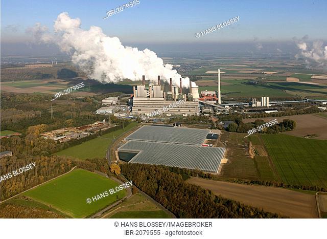 Aerial view, old and new power plants, lignite-fired power plant, RWE-Power, Niederaussem, Rhineland, North Rhine-Westphalia, Germany, Europe
