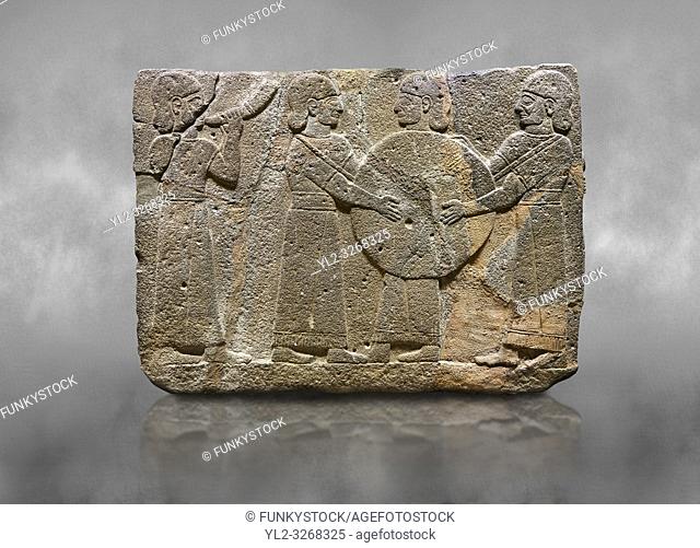 Hittite monumental relief sculpted orthostat stone panel of Procession. Basalt, KarkamÄ±s, (KargamÄ±s), Carchemish (Karkemish), 900 - 700 B. C