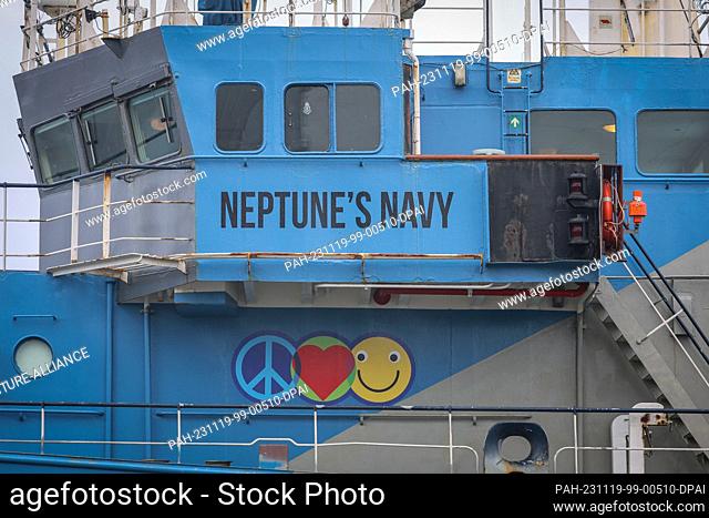 PRODUCTION - 18 November 2023, Bremen: The lettering Neptune's Navy can be seen on the bridge of the Captain Paul Watson Foundation's campaign ship John Paul...