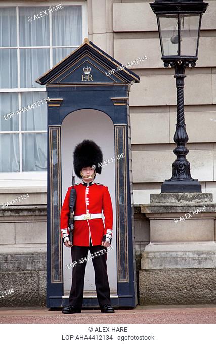 A view of the Queen's Guard on sentry duty outside Buckingham Palace