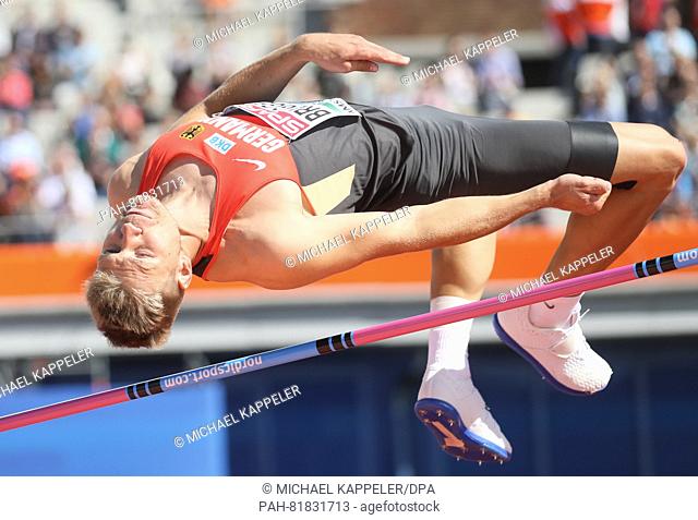 Mathias Brugger of Germany competes in Decathlon Men High Jump at the European Athletics Championships at the Olympic Stadium in Amsterdam, The Netherlands