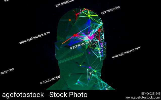 Abstract face and connection dots inside. Technology background. Network concept, 3d rendering