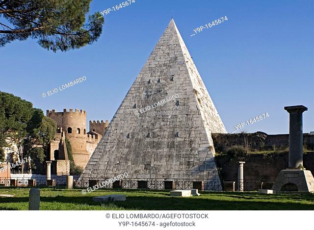 Caio Cestio's Pyramid seen from Non-Catholic Cemetery, Rome, Lazio, Italy