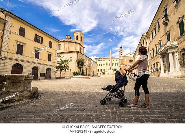 A view of the historical buildings and obelisk of the ancient Piazza Federico II Jesi Province of Ancona Marche Italy Europ