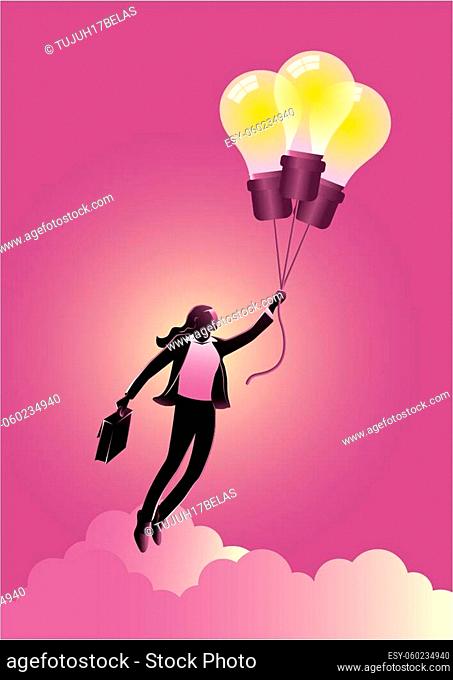 An illustration of a Businesswoman flying on idea balloon. Vector Illustration