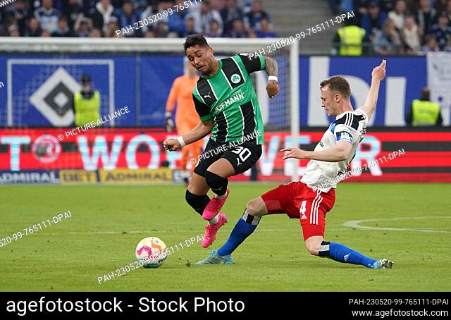 20 May 2023, Hamburg: Soccer: 2nd Bundesliga, match day 33, Hamburger SV - SpVgg Greuther Fürth, at Volksparkstadion. Fürth's Armindo Sieb (l) and Hamburg's...