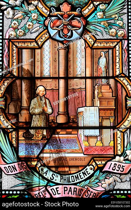 Jean-Baptiste Marie Vianney. CurŽ of Ars. Stained glass window. Our Lady of La Salette. La Salette-Fallavaux. Isere. Auvergne Rhône-Alpes. France