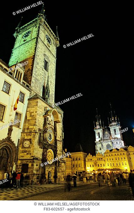 Old Town Hall, Astronomical Clock, Tyn Church. Old Town. Prague. Bohemia. Czech Republic