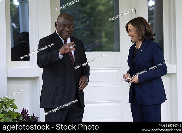 United States Vice President Kamala Harris and President Cyril Ramaphosa of South Africa chat before holding discussions at the Vice President’s Official...