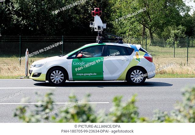 5 July 2018, Hanover, Germany: A vehicle of Google Maps with its 360 degree camera on its roof drives down the motorway A2