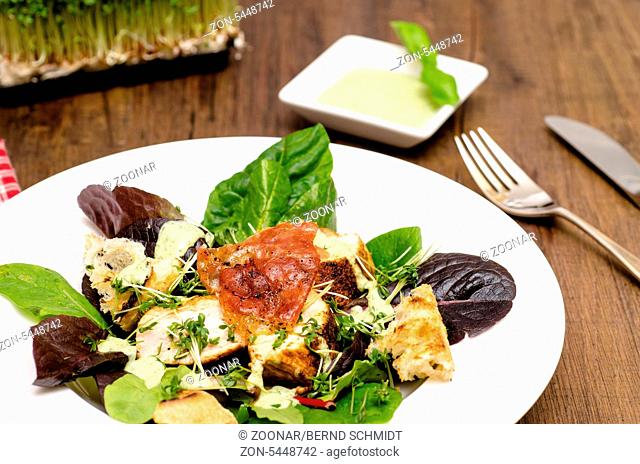 Salat mit gebratener Pute und Serrano auf Blattsalat und Kresse