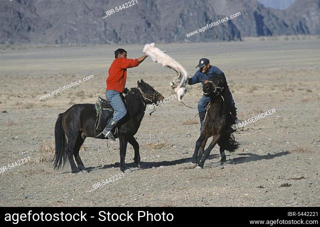 Kazakh rider, participant in golden eagle festival, Kazakh game 'Kek Bar', Bayan Olgiy Province, Mongolia, Asia