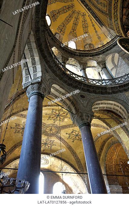 The colourful domed ceiling and calligraphic roundels in the Haghia Sophia Aya Sofya - The Church of Holy Wisdom - the third built in the same place in 537AD