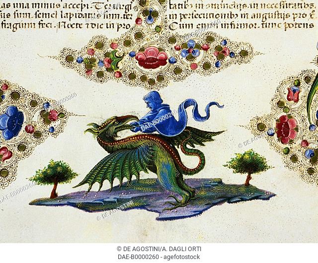 Border frieze at the foot of the page with the figure of genius and winged monster, Volume II f 198, v, Bible of Borso d'Este