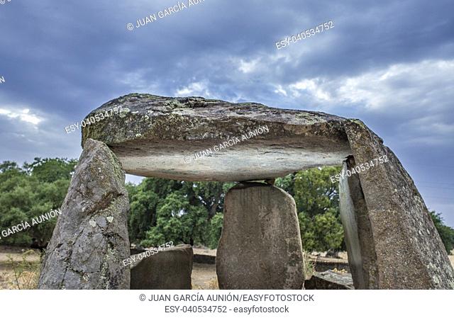 Capstone or table at Dolmen of La Lapita site. Ancient prehistoric building located near Barcarrota. Extremadura. Spain