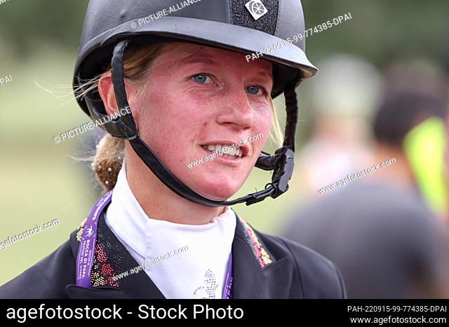 15 September 2022, Italy, Rocca Di Papa: Equestrian sport: world championship, eventing, dressage. Sandra Auffarth (Germany) gives an interview after her test
