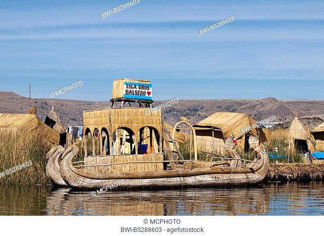 ship made of straw at one of 42 floating islands on Lake Titicaca called 'Uros Islands', self-built of totora reeds by the Quechua or Uros Indians, Peru