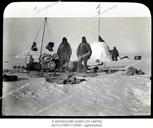 Lantern Slide - British Imperial Antarctic Expedition, Adams, Wild, Shackleton at Campsite, Antarctica, Jan 1909, Photograph depicting members of the British...