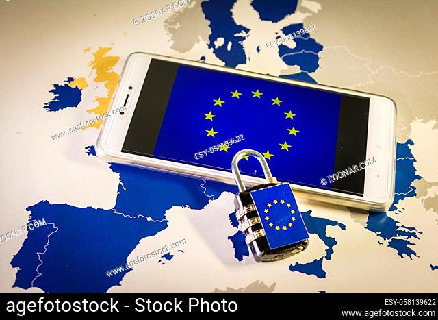 Padlock over a smartphone and EU map, symbolizing the EU General Data Protection Regulation or GDPR. Designed to harmonize data privacy laws across Europe