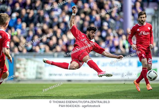 Wuerzburg's Elia Soriano has a shot on goal during the German 2nd Bundesliga soccer match between FC Erzgebirge Aue and FC Wuerzburg Kickers in the Sparkassen...