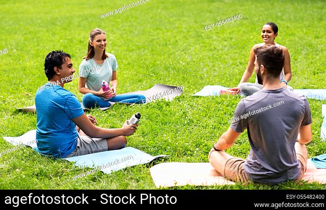 group of people sitting on yoga mats at park