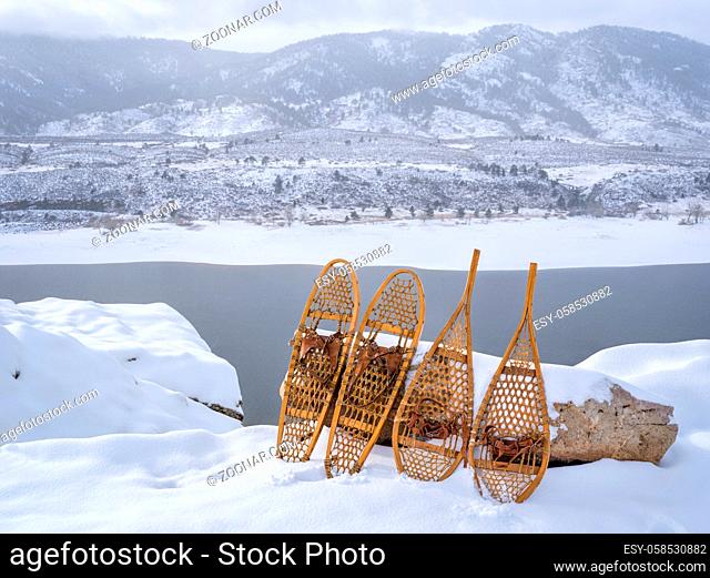 winter scenery of Horsetooth Reservoir in northern Colorado with classic snowshoes