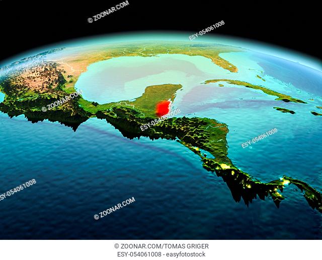 Morning above Belize highlighted in red on model of planet Earth in space. 3D illustration. Elements of this image furnished by NASA
