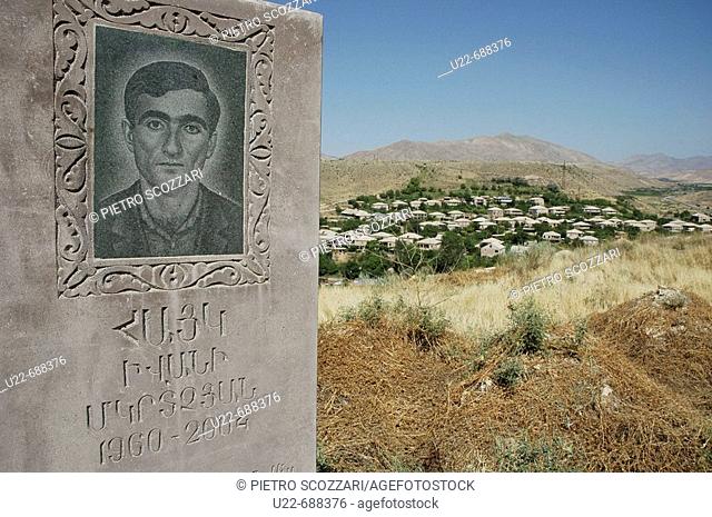 Areni, Armenia: tomb-stone and landscape of the town