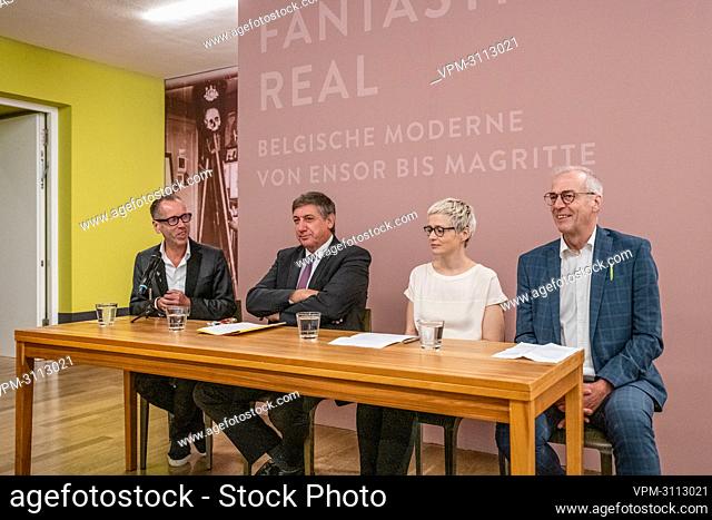 Kunsthalle chairman Roger Diederen, Flemish Minister President Jan Jambon, Kunsthalle curator Nerina Santorius and KMSK curator Herwig Todts pictured during a...