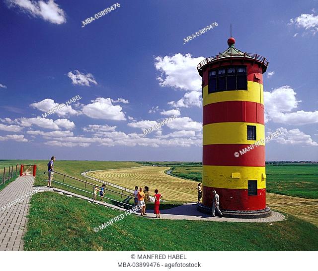 Germany, Lower Saxony, East Frisia, Pilsum, dike, lighthouse, meadows, way, visitors, clouded sky, summer, Northern Germany, North Sea*-coast, frieze-country
