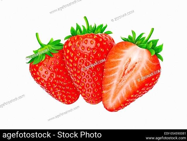 Flying strawberry fruit, three strawberries isolated on white background with clipping path