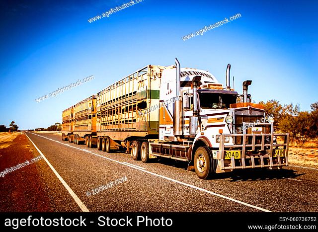An iconic 3 trailer Australian road train travels along the Plenty Hwy near Gemtree in Northern Territory, Australia