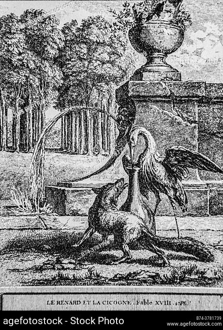 the fox and the stork, fables of the fountain, publisher talan, dier 1904, drawing by j. b. oudry