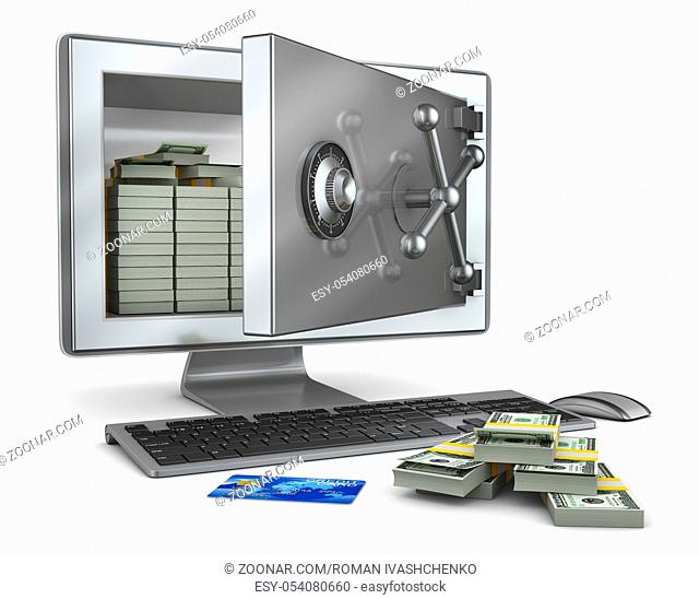 A personal computer in which the screen is an open safe with bundles of bills of dollars. 3d rendering