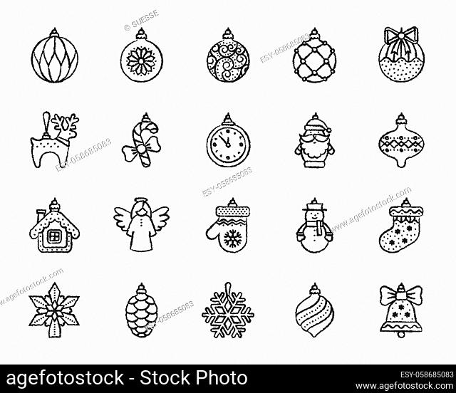 Tree Decorations charcoal icons set. Grunge outline web sign kit of christmas. Ball linear icon glass icicle, home, house Hand drawn by pastel crayon simple...
