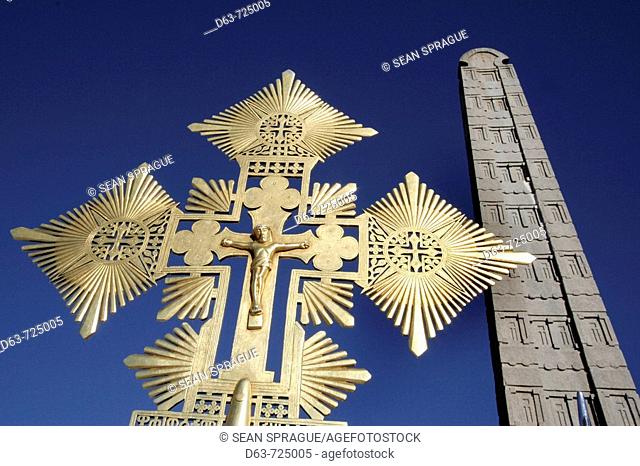 Ethiopian cross and the Stela of King Ezana, Maryam Feast (Feast of Mary), Axum, Ethiopia