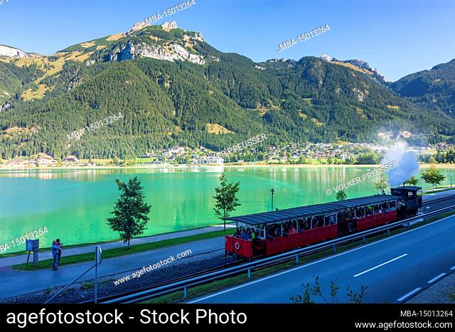 Eben am Achensee, lake Achensee (Achen Lake), Achensee Railway with steam locomotive at final station Seespitz, Brandenberg Alps in Achensee, Tyrol, Austria