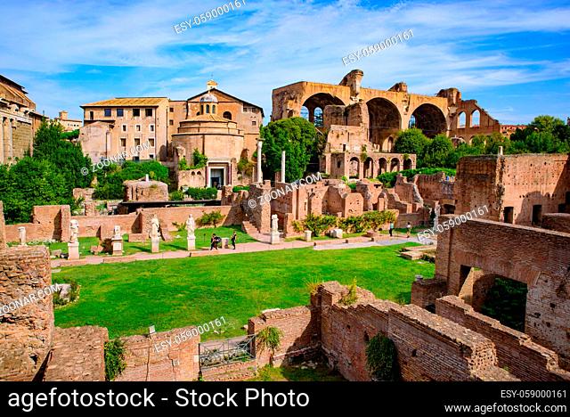Basilica of Maxentius at Roman Forum, a forum surrounded by ruins in Rome, Italy