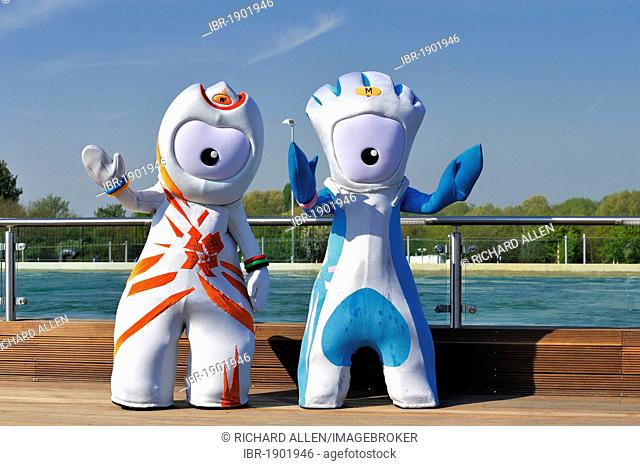 Wenlock and Mandeville, the London 2012 mascots at the opening of the White Water Centre at Waltham Abbey, England, United Kingdom, Europe