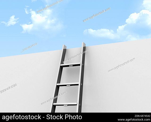 Metallic step ladder leaned against wall and clear, cloudy weather