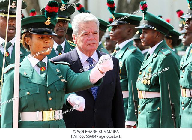 German President Joachim Gauck is received with military honors in Abuja, Nigeria, 11 February 2016. The German President is on a five-day state visit to...